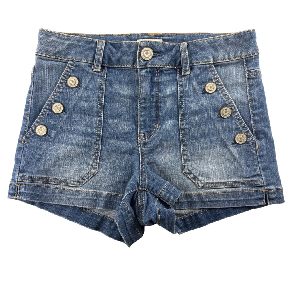 SO Denim Sailor Shorts WMN 28 Blue Medium Wash Button Front Y2K Stretch Nautical